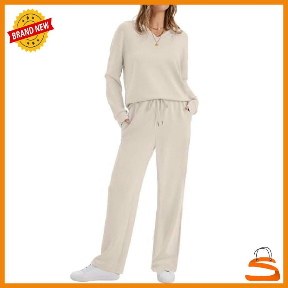 V-Neck Lounge Set with Wide Leg Pants, Soft 2-Piece Sweatsuit - Picture 3 of 8